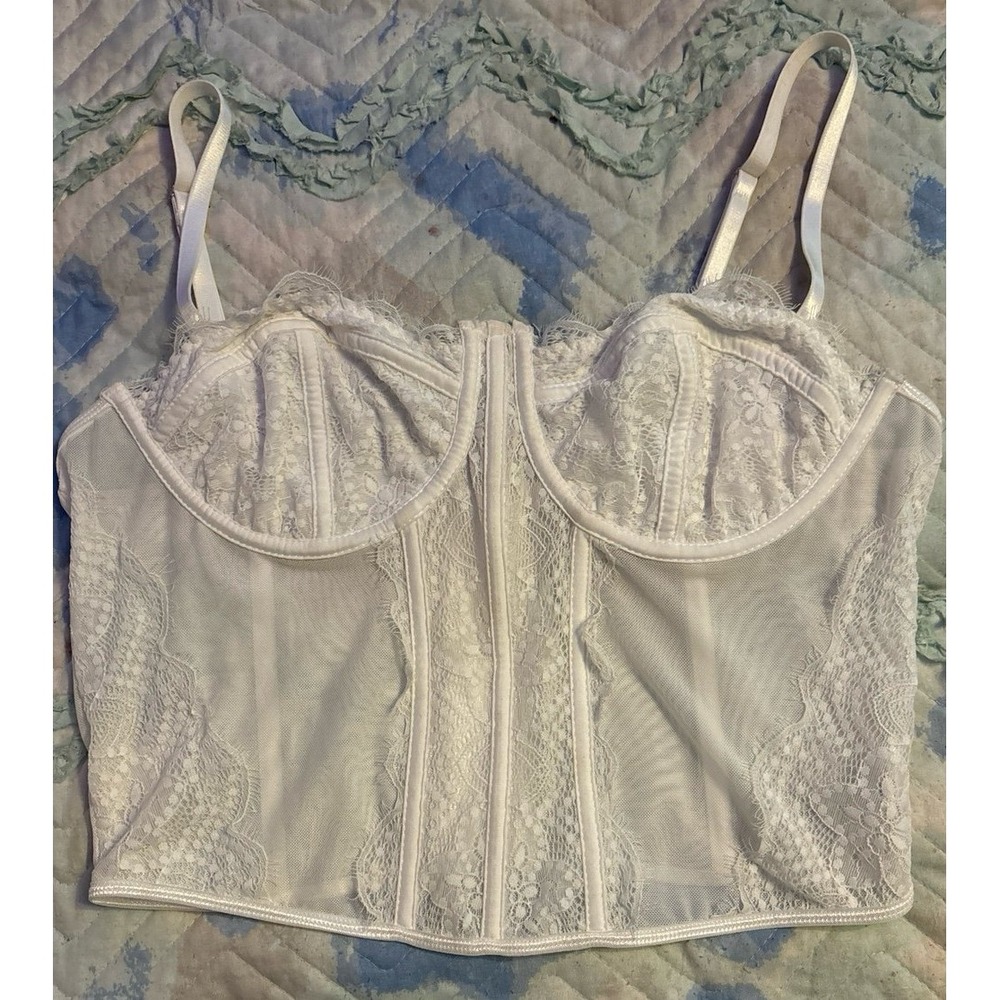 NEW White Semi Sheer Lace Detail Underwire Corset Style Bra,‎ Size XL